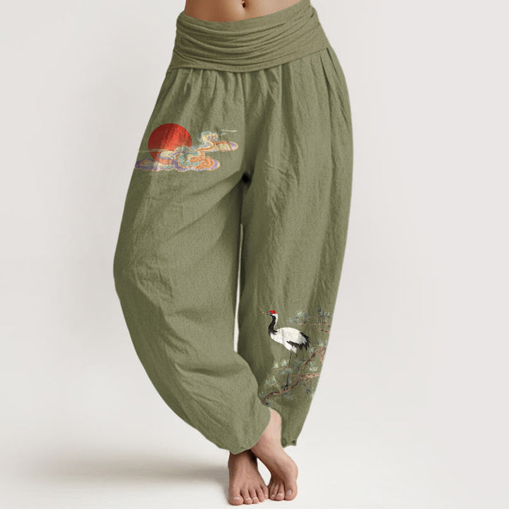 Buddha Stones Pantalon harem femme en pur coton, motif soleil, nuage, grue et pin, taille élastique - Vert olive - US16，UK/AU20，EU48 (3XL) - image 14