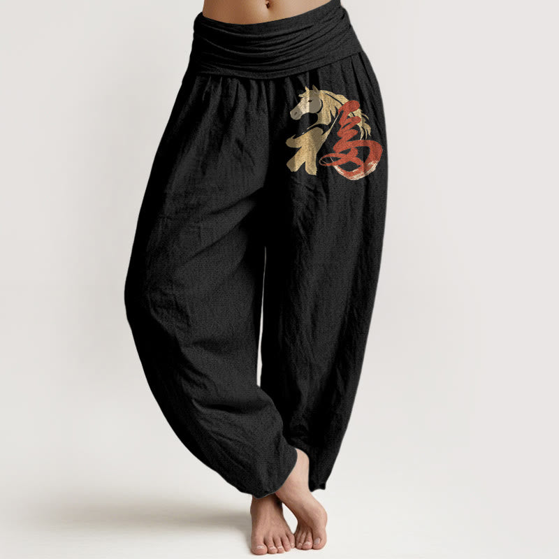 Buddha Stones Pantalon harem taille élastique pour femme, en pur coton, motif Fu, année du Cheval - Noir - US16，UK/AU20，EU48 (3XL) - image 0