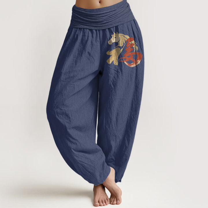 Buddha Stones Pantalon harem taille élastique pour femme, en pur coton, motif Fu, année du Cheval - Bleu ardoise foncé - US16，UK/AU20，EU48 (3XL) - image 5