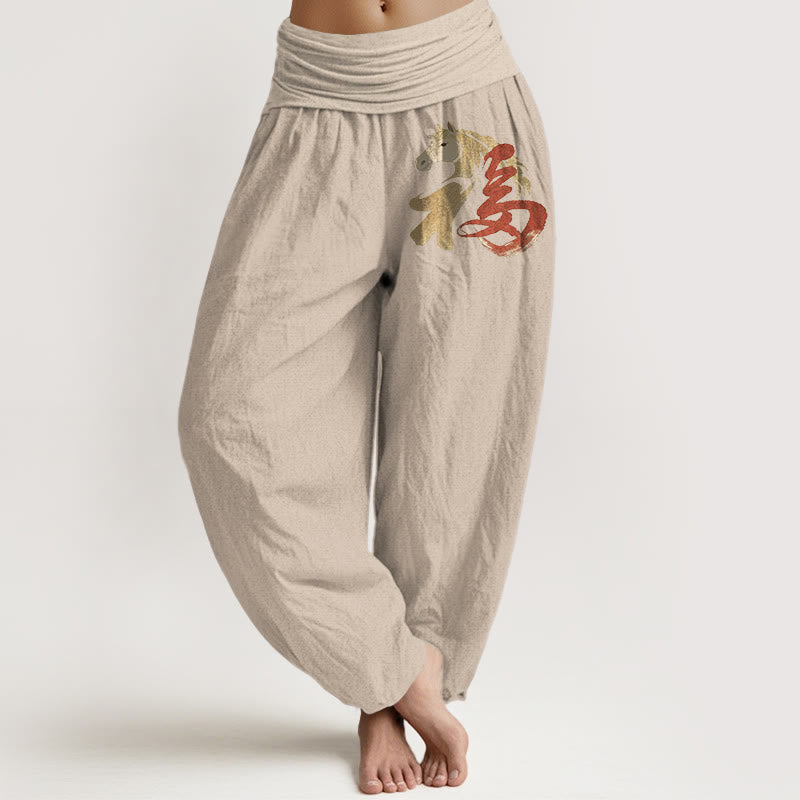 Buddha Stones Pantalon harem taille élastique pour femme, en pur coton, motif Fu, année du Cheval - Tanné - US16，UK/AU20，EU48 (3XL) - image 11
