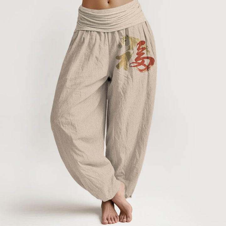 Buddha Stones Pantalon harem taille élastique pour femme, en pur coton, motif Fu, année du Cheval - Tanné - US16，UK/AU20，EU48 (3XL) - image 11