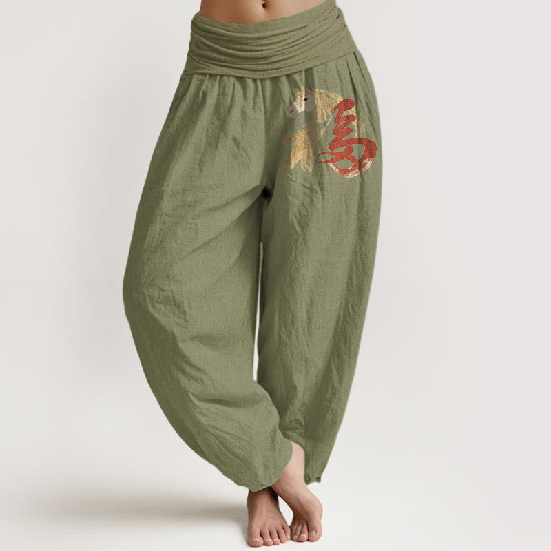 Buddha Stones Pantalon harem taille élastique pour femme, en pur coton, motif Fu, année du Cheval - Vert olive - US16，UK/AU20，EU48 (3XL) - image 14