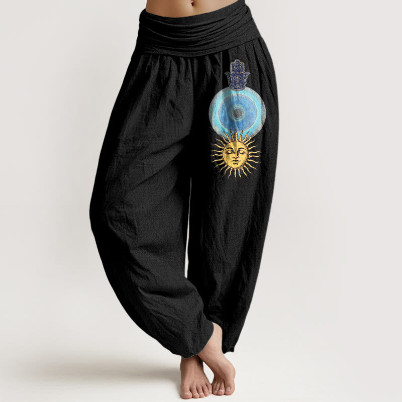 Buddha Stones Pantalon harem femme en pur coton, style minimaliste, motif main de Hamsa et soleil, taille élastique - Noir - US16，UK/AU20，EU48 (3XL) - image 0