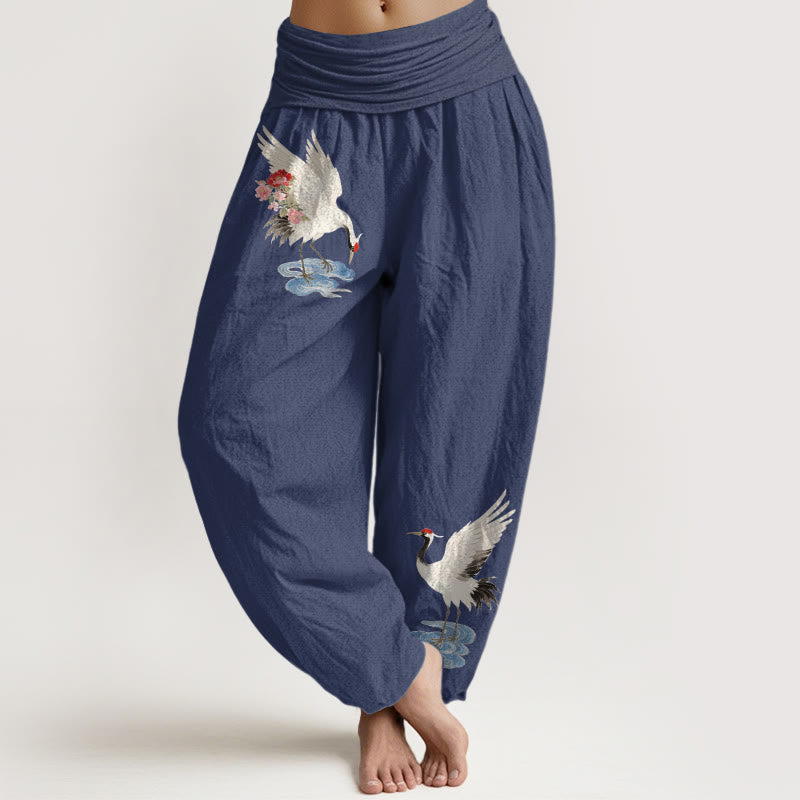 Buddha Stones Pantalon harem pour femme en pur coton, élégant, à motif de fleurs de grue et de nuages, taille élastique - Bleu ardoise foncé - US16，UK/AU20，EU48 (3XL) - image 0