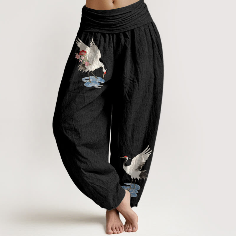 Buddha Stones Pantalon harem pour femme en pur coton, élégant, à motif de fleurs de grue et de nuages, taille élastique - Noir - US16，UK/AU20，EU48 (3XL) - image 5