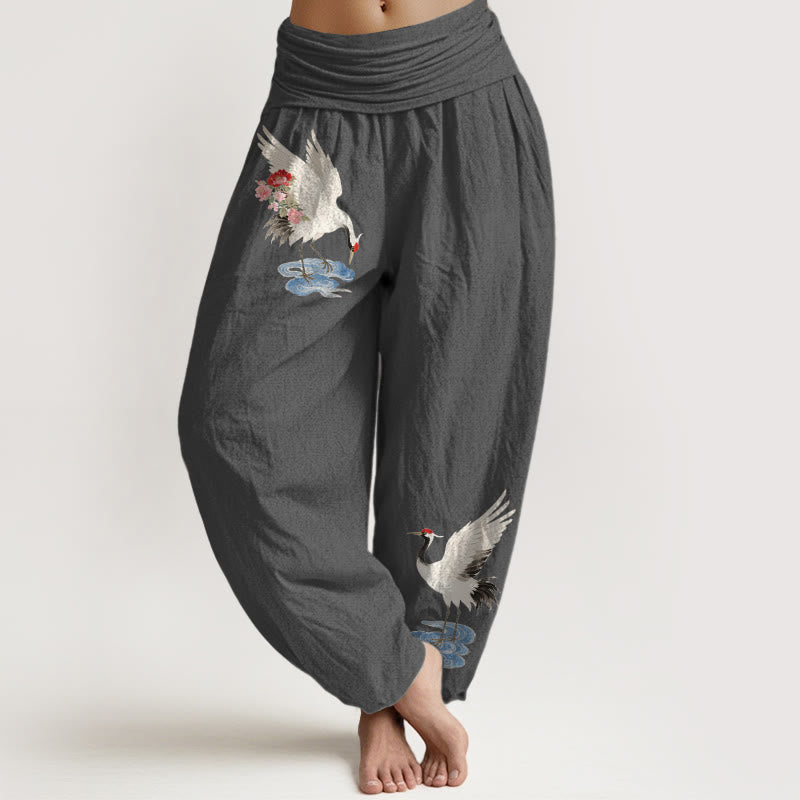 Buddha Stones Pantalon harem pour femme en pur coton, élégant, à motif de fleurs de grue et de nuages, taille élastique - Gris terne - US16，UK/AU20，EU48 (3XL) - image 8