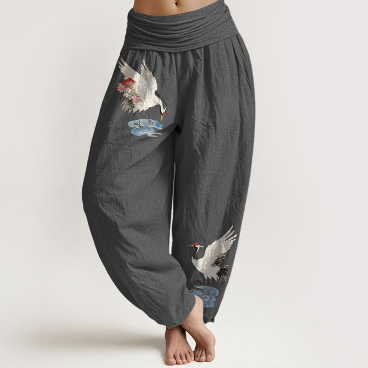 Buddha Stones Pantalon harem pour femme en pur coton, élégant, à motif de fleurs de grue et de nuages, taille élastique - Gris terne - US16，UK/AU20，EU48 (3XL) - image 8
