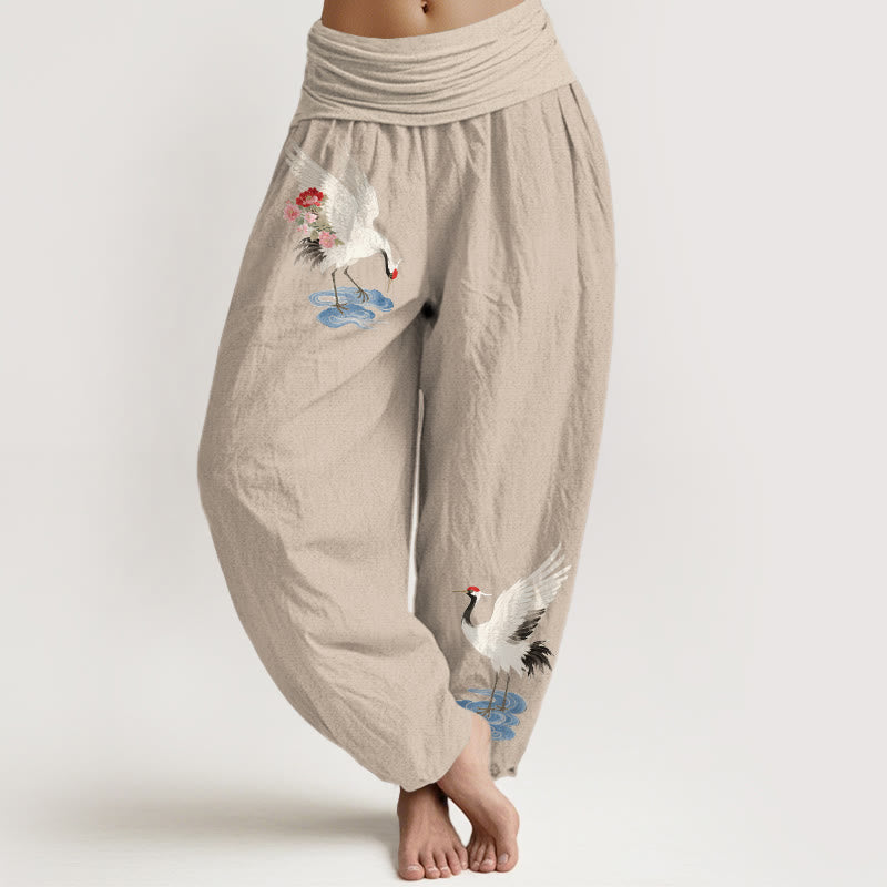 Buddha Stones Pantalon harem pour femme en pur coton, élégant, à motif de fleurs de grue et de nuages, taille élastique - Tanné - US16，UK/AU20，EU48 (3XL) - image 11