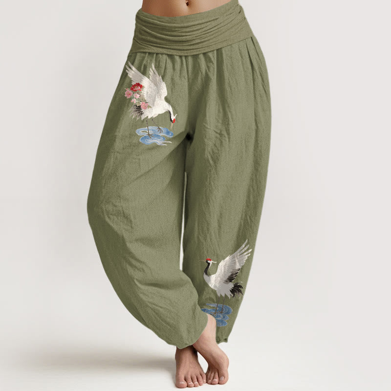 Buddha Stones Pantalon harem pour femme en pur coton, élégant, à motif de fleurs de grue et de nuages, taille élastique - Vert olive - US16，UK/AU20，EU48 (3XL) - image 14