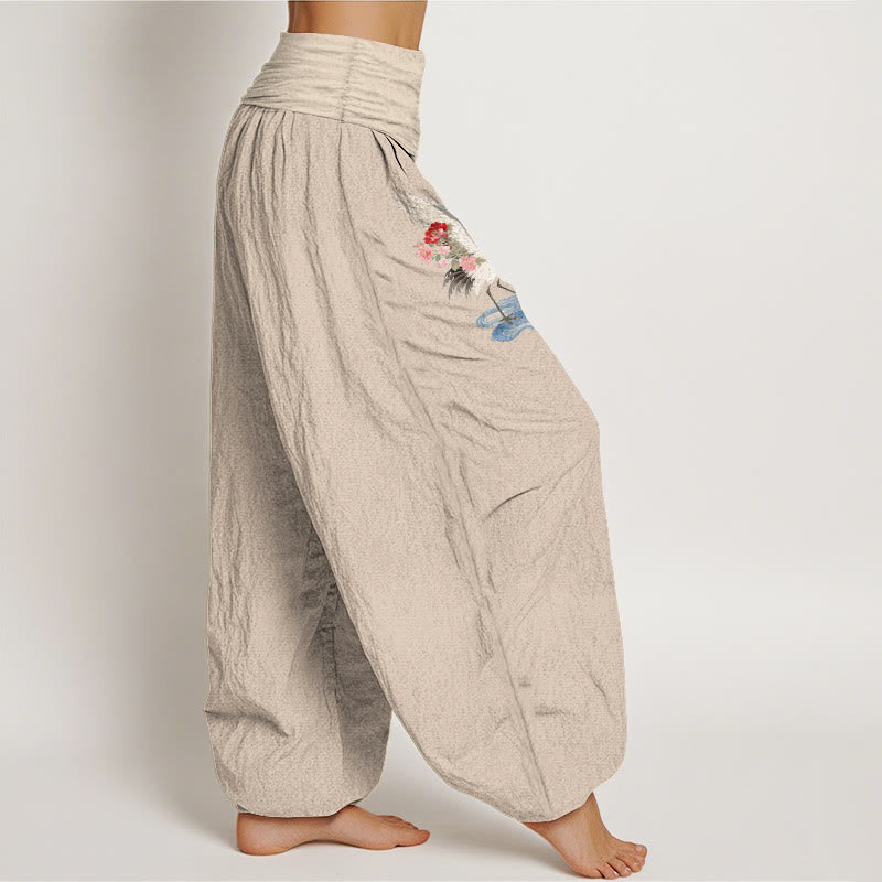 Buddha Stones Pantalon harem pour femme en pur coton, élégant, à motif de fleurs de grue et de nuages, taille élastique - image 13