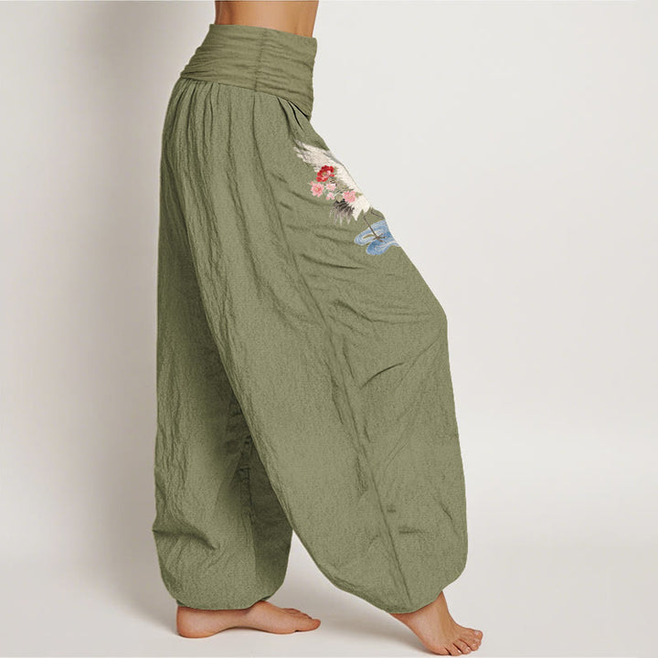 Buddha Stones Pantalon harem pour femme en pur coton, élégant, à motif de fleurs de grue et de nuages, taille élastique - image 16