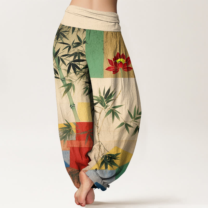 Buddha Stones Pantalon harem pour femme en coton coloré à motif géométrique de lotus et de bambou, taille élastique - image 1