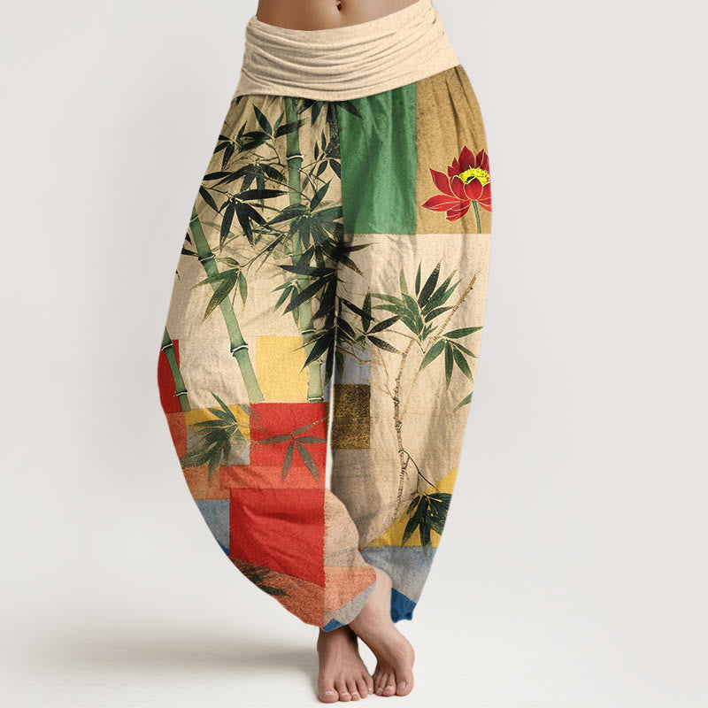 Buddha Stones Pantalon harem pour femme en coton coloré à motif géométrique de lotus et de bambou, taille élastique - LemonChiffon - US16，UK/AU20，EU48 (3XL) - image 0