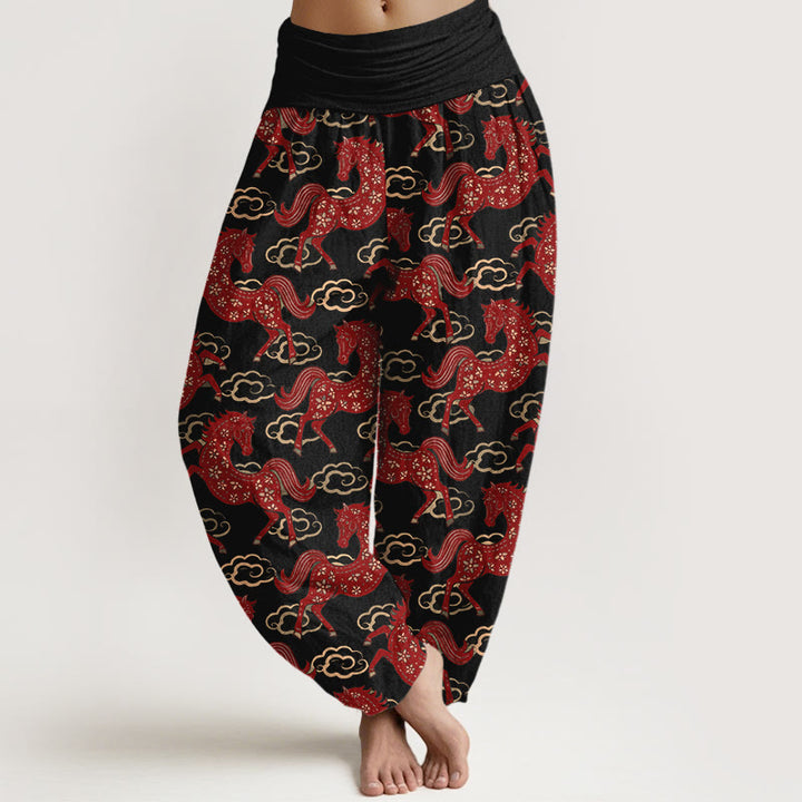 Buddha Stones Pantalon harem à taille élastique pour femme, en coton avec un magnifique motif de chevaux et de nuages - Noir - US16，UK/AU20，EU48 (3XL) - image 0
