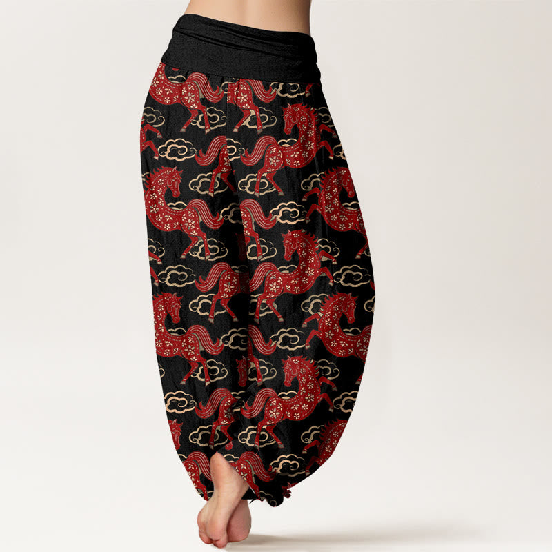 Buddha Stones Pantalon harem à taille élastique pour femme, en coton avec un magnifique motif de chevaux et de nuages - image 1