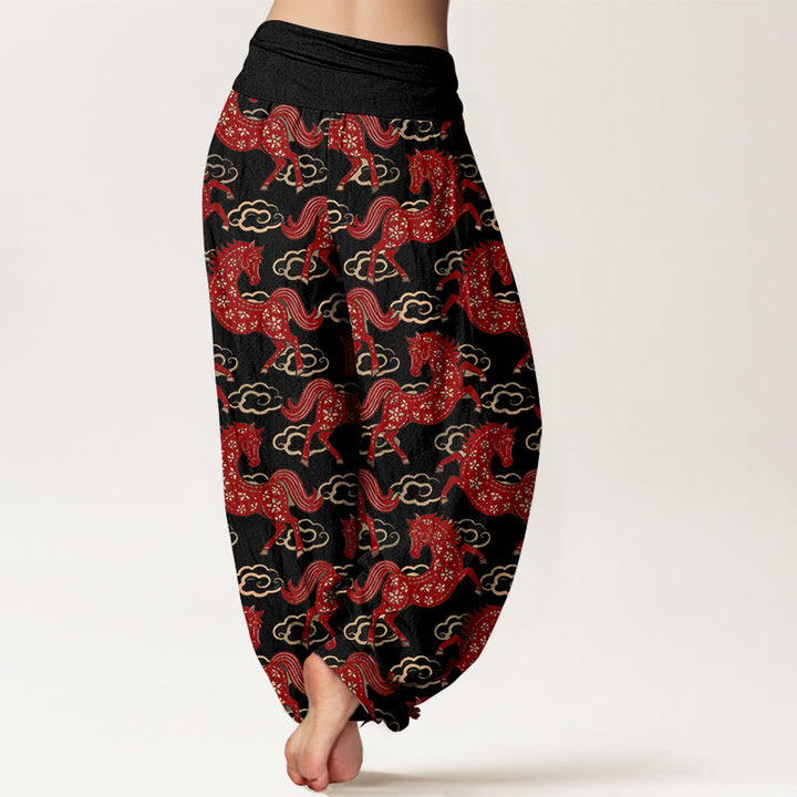 Buddha Stones Pantalon harem à taille élastique pour femme, en coton avec un magnifique motif de chevaux et de nuages - image 1