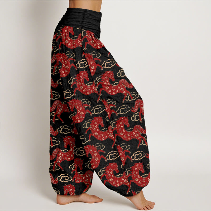Buddha Stones Pantalon harem à taille élastique pour femme, en coton avec un magnifique motif de chevaux et de nuages - image 2