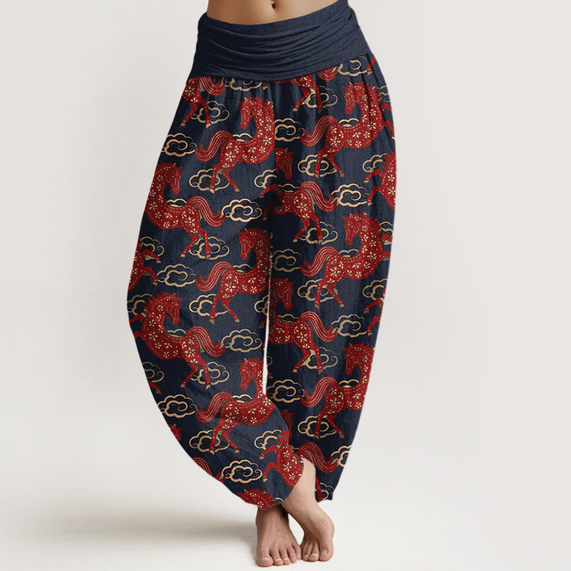 Buddha Stones Pantalon harem à taille élastique pour femme, en coton avec un magnifique motif de chevaux et de nuages - Bleu nuit - US16，UK/AU20，EU48 (3XL) - image 5