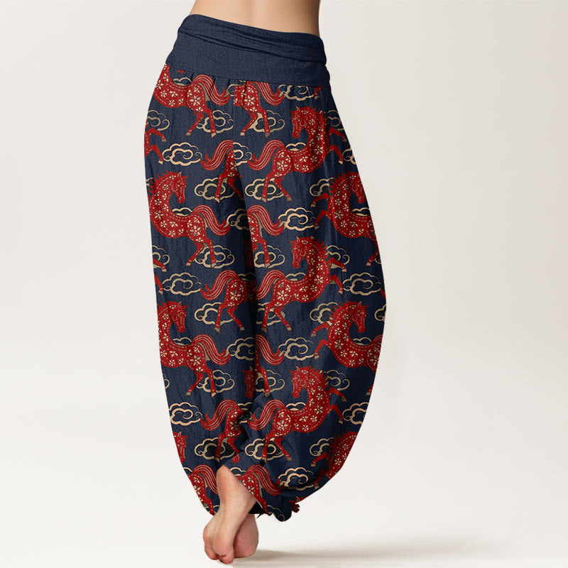 Buddha Stones Pantalon harem à taille élastique pour femme, en coton avec un magnifique motif de chevaux et de nuages - image 6