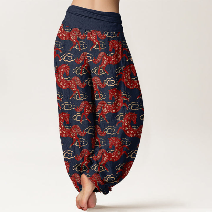 Buddha Stones Pantalon harem à taille élastique pour femme, en coton avec un magnifique motif de chevaux et de nuages - image 6