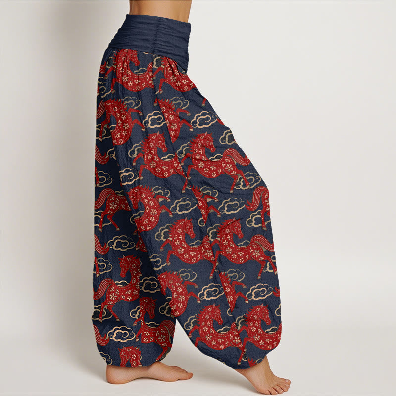 Buddha Stones Pantalon harem à taille élastique pour femme, en coton avec un magnifique motif de chevaux et de nuages - image 7