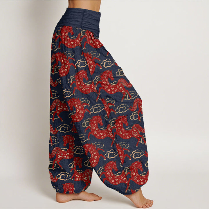 Buddha Stones Pantalon harem à taille élastique pour femme, en coton avec un magnifique motif de chevaux et de nuages - image 7