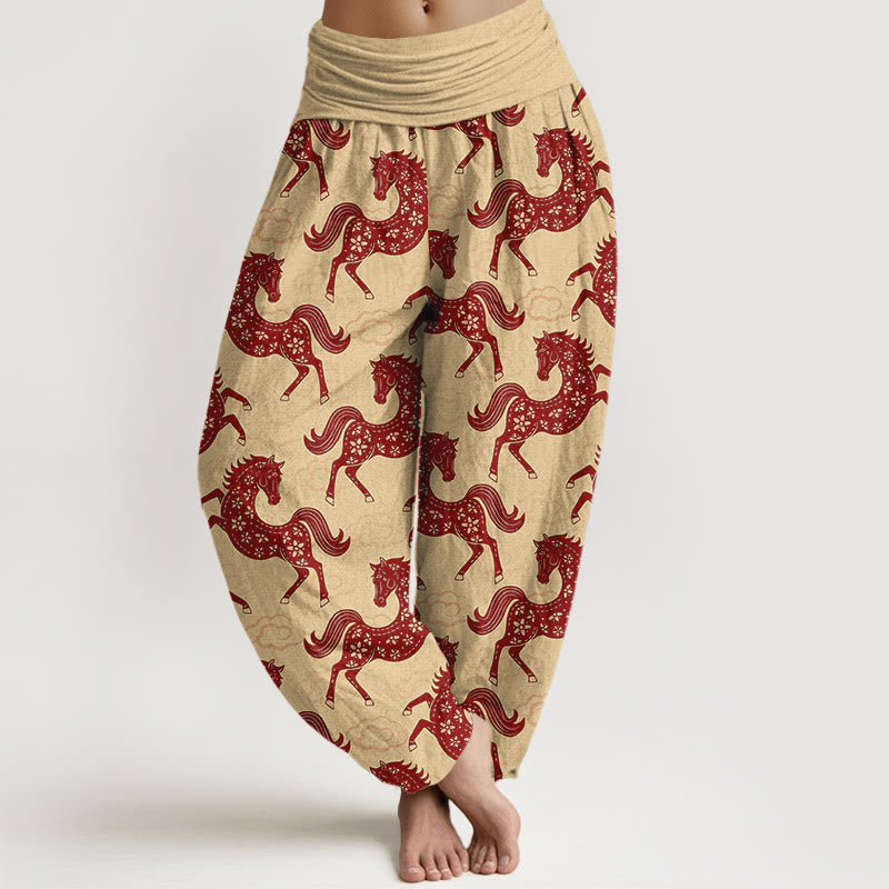 Buddha Stones Pantalon harem à taille élastique pour femme, en coton avec un magnifique motif de chevaux et de nuages - Kaki - US16，UK/AU20，EU48 (3XL) - image 8
