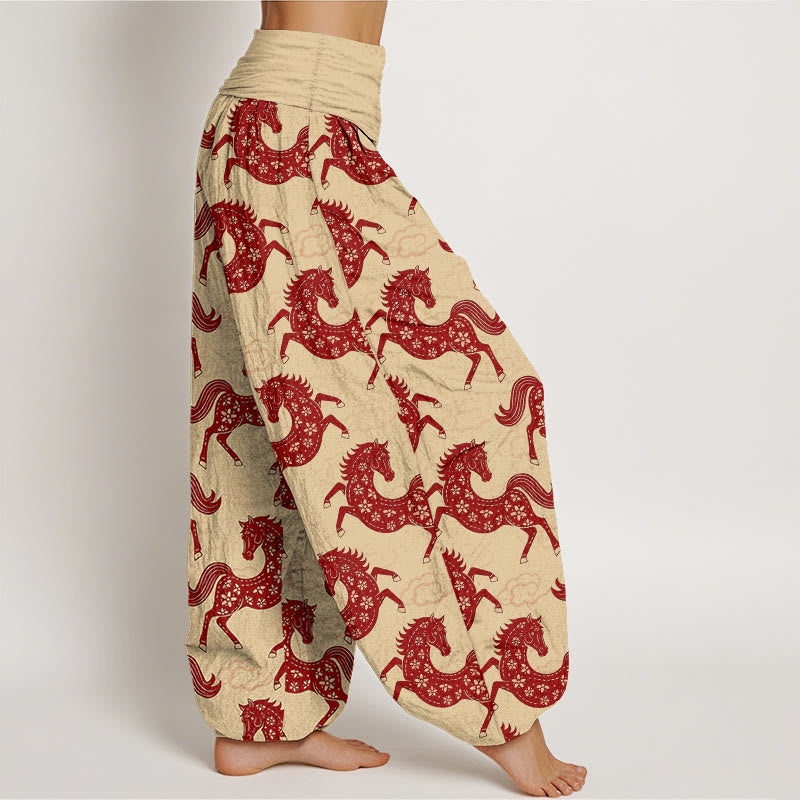 Buddha Stones Pantalon harem à taille élastique pour femme, en coton avec un magnifique motif de chevaux et de nuages - image 10