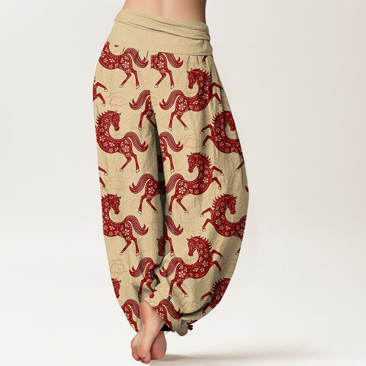 Buddha Stones Pantalon harem à taille élastique pour femme, en coton avec un magnifique motif de chevaux et de nuages - image 9