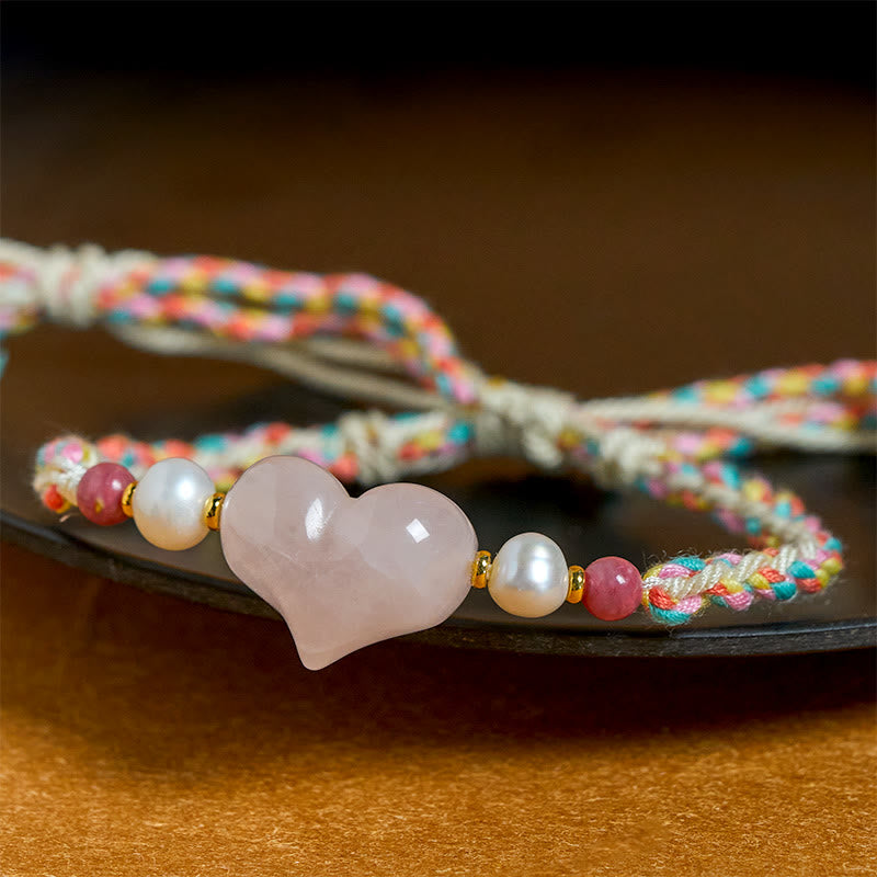 Bracelet en corde tressée rose avec cristal rose et motif cœur en Buddha Stones, symbole de chaleur et d'amour - image 4