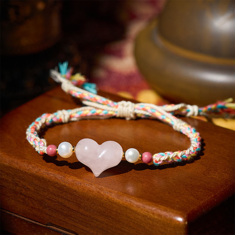 Bracelet en corde tressée rose avec cristal rose et motif cœur en Buddha Stones, symbole de chaleur et d'amour - image 2