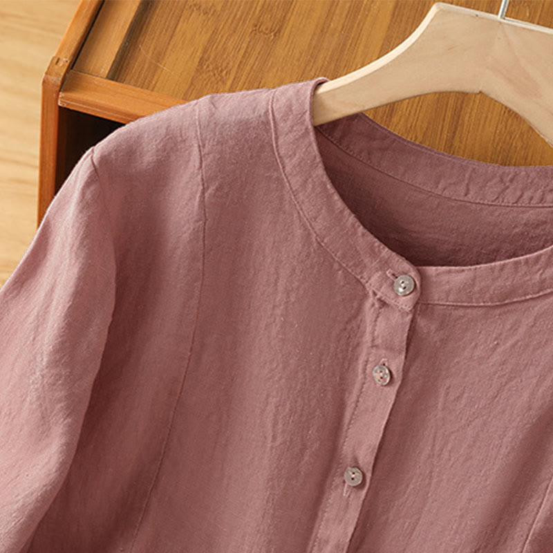 Buddha Stones Chemise à manches longues en coton uni patchwork pour femme, à boutons, idéale pour les trajets quotidiens d'automne. - image 4