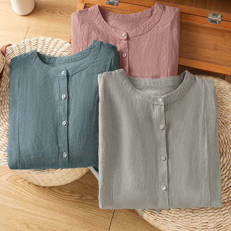 Buddha Stones Chemise à manches longues en coton uni patchwork pour femme, à boutons, idéale pour les trajets quotidiens d'automne. - image 26