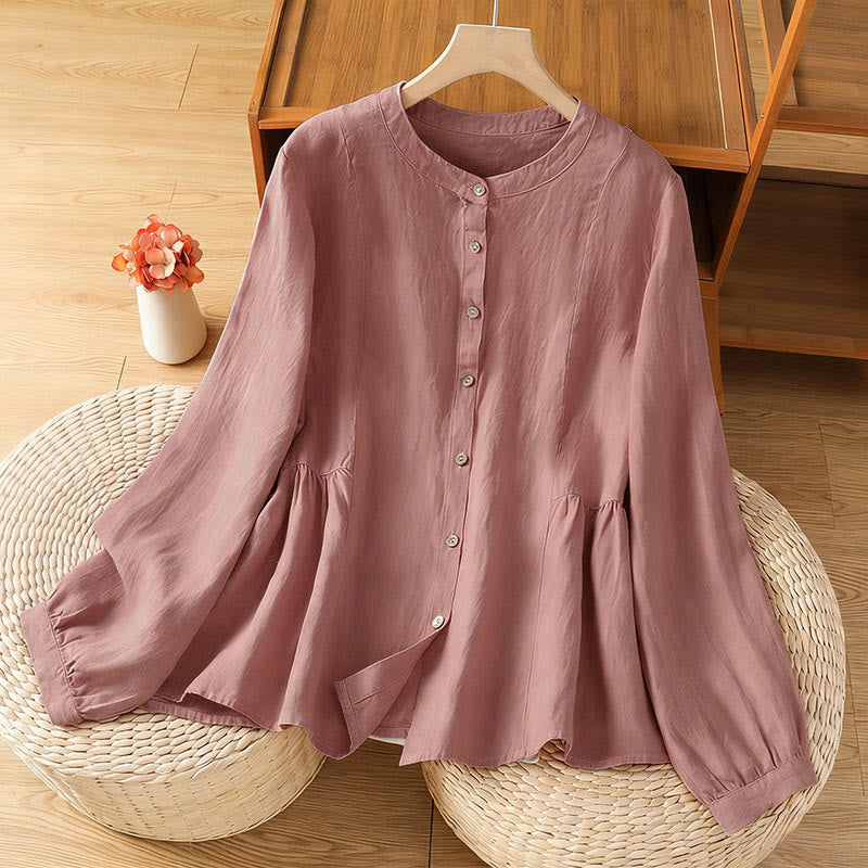 Buddha Stones Chemise à manches longues en coton uni patchwork pour femme, à boutons, idéale pour les trajets quotidiens d'automne. - LightCoral - US8-10，UK/AU12-14，EU40-42 (2XL) - image 0