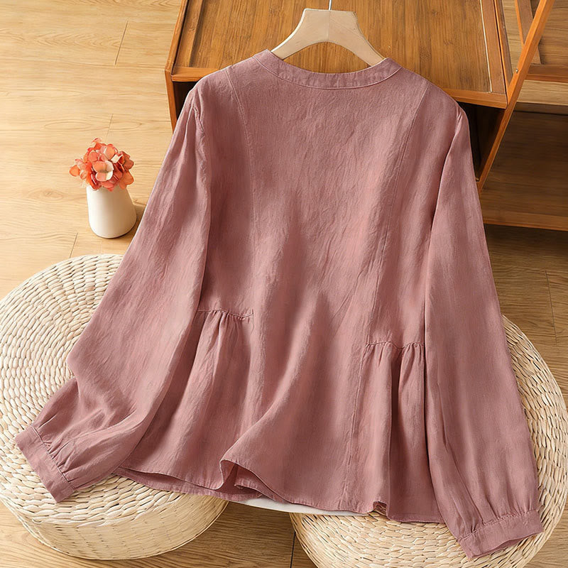 Buddha Stones Chemise à manches longues en coton uni patchwork pour femme, à boutons, idéale pour les trajets quotidiens d'automne. - image 1