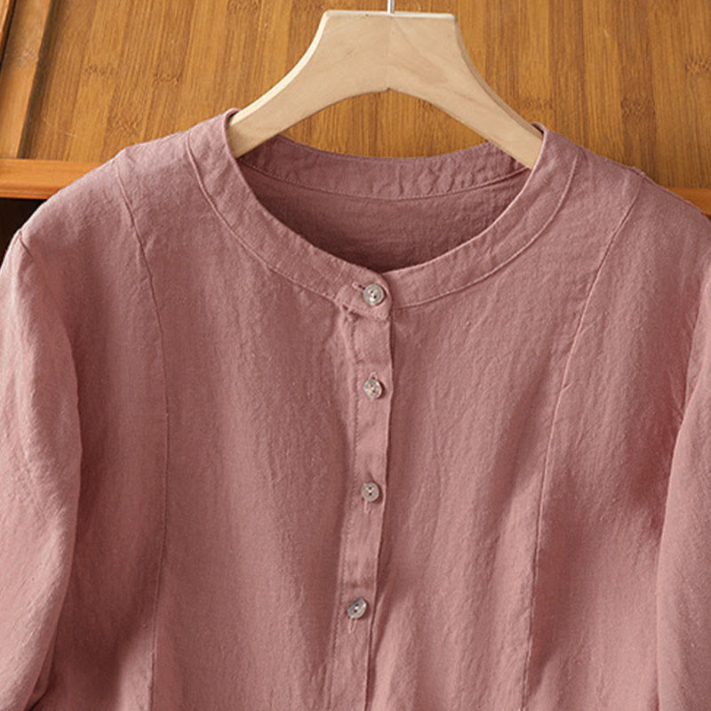 Buddha Stones Chemise à manches longues en coton uni patchwork pour femme, à boutons, idéale pour les trajets quotidiens d'automne. - image 2