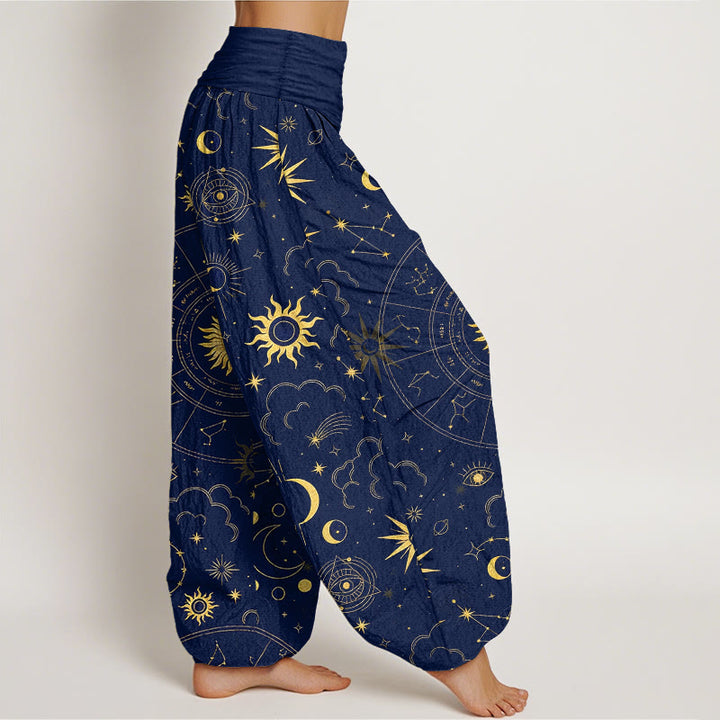 Buddha Stones Pantalon harem à taille élastique pour femme, en coton, orné d'un magnifique motif soleil, lune, étoiles et constellations. - image 2