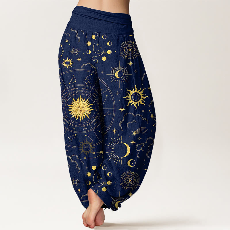 Buddha Stones Pantalon harem à taille élastique pour femme, en coton, orné d'un magnifique motif soleil, lune, étoiles et constellations. - image 1