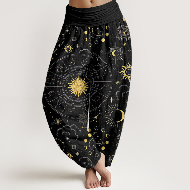 Buddha Stones Pantalon harem à taille élastique pour femme, en coton, orné d'un magnifique motif soleil, lune, étoiles et constellations. - Noir - US16，UK/AU20，EU48 (3XL) - image 5