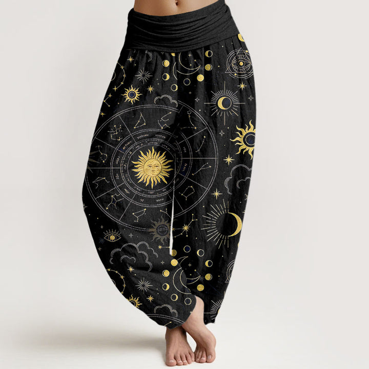 Buddha Stones Pantalon harem à taille élastique pour femme, en coton, orné d'un magnifique motif soleil, lune, étoiles et constellations. - Noir - US16，UK/AU20，EU48 (3XL) - image 5