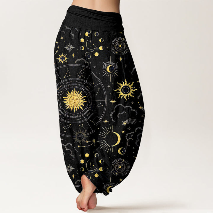 Buddha Stones Pantalon harem à taille élastique pour femme, en coton, orné d'un magnifique motif soleil, lune, étoiles et constellations. - image 6
