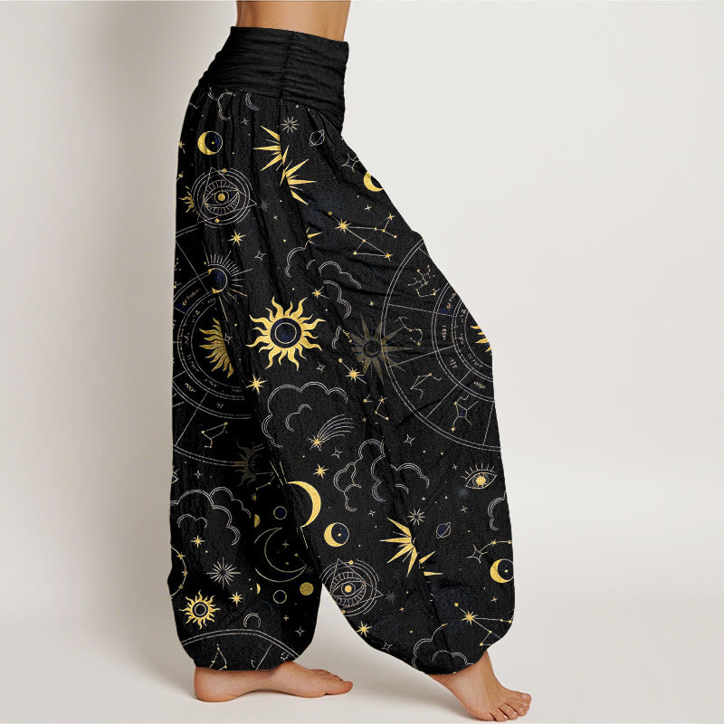 Buddha Stones Pantalon harem à taille élastique pour femme, en coton, orné d'un magnifique motif soleil, lune, étoiles et constellations. - image 7