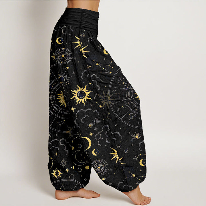 Buddha Stones Pantalon harem à taille élastique pour femme, en coton, orné d'un magnifique motif soleil, lune, étoiles et constellations. - image 7