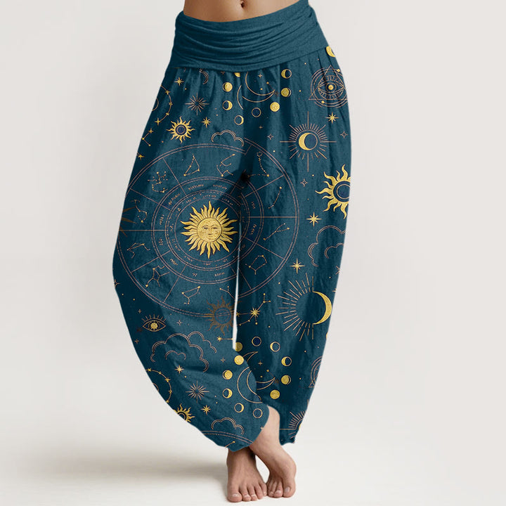 Buddha Stones Pantalon harem à taille élastique pour femme, en coton, orné d'un magnifique motif soleil, lune, étoiles et constellations. - Sarcelle - US16，UK/AU20，EU48 (3XL) - image 8