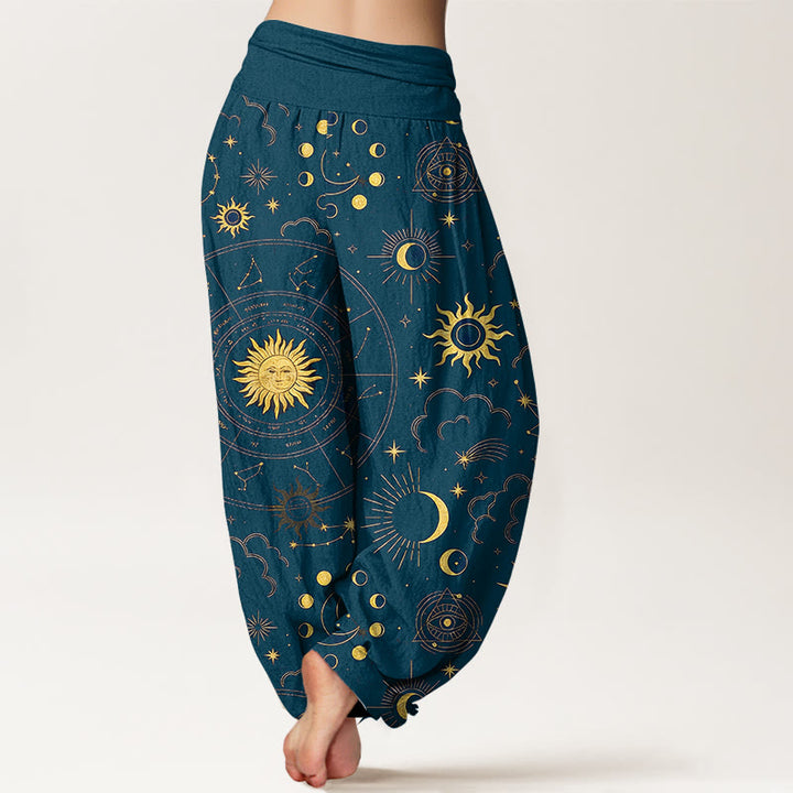 Buddha Stones Pantalon harem à taille élastique pour femme, en coton, orné d'un magnifique motif soleil, lune, étoiles et constellations. - image 9