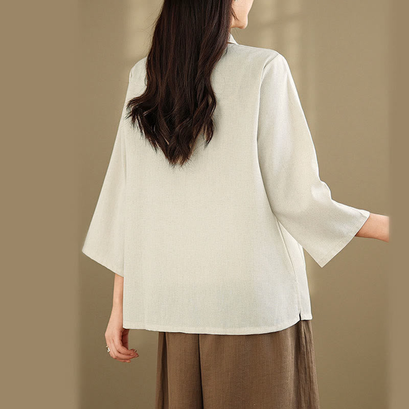 Buddha Stones Chemise en coton à manches trois-quarts avec poches, motif floral brodé, idéale pour les déplacements. - image 12