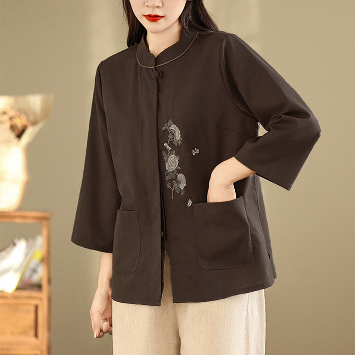Buddha Stones Chemise en coton à manches trois-quarts avec poches, motif floral brodé, idéale pour les déplacements. - image 3