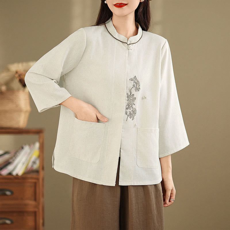 Buddha Stones Chemise en coton à manches trois-quarts avec poches, motif floral brodé, idéale pour les déplacements. - image 10