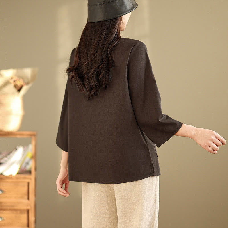 Buddha Stones Chemise en coton à manches trois-quarts avec poches, motif floral brodé, idéale pour les déplacements. - image 5