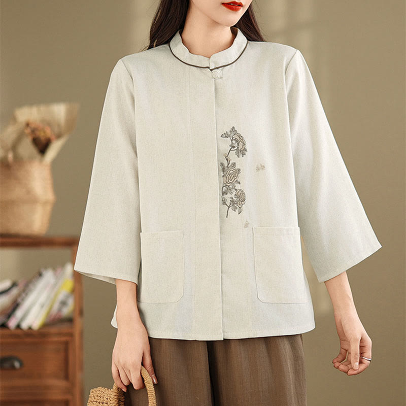 Buddha Stones Chemise en coton à manches trois-quarts avec poches, motif floral brodé, idéale pour les déplacements. - image 11
